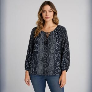 Lucky Brand  Navy Blue and White Mixed Print Tassel Tie Boho Top